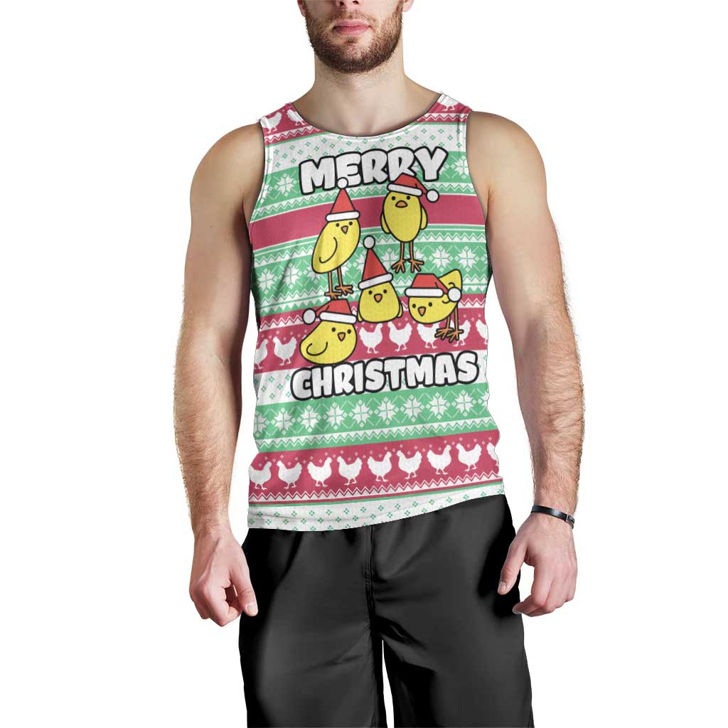 Merry Chickmas Christmas Men Tank Top with Yellow Cartoon Birds in Santa Hats and Red Green Snowflake Pattern - Wonder Print Shop
