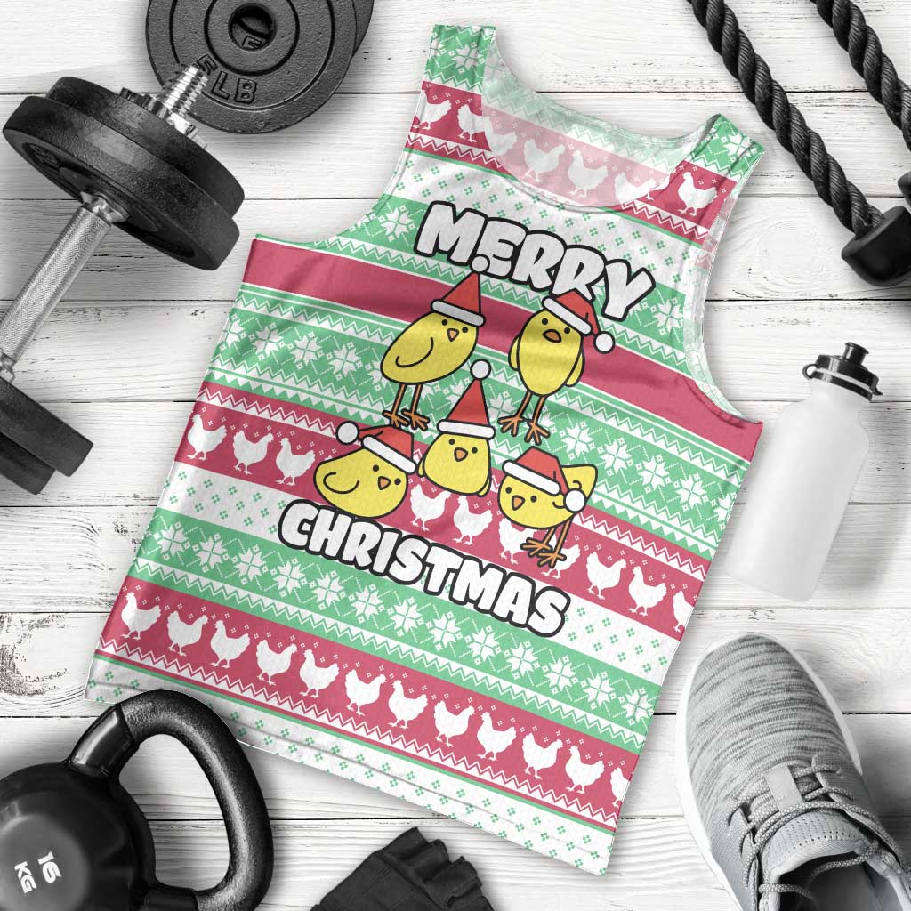 Merry Chickmas Christmas Men Tank Top with Yellow Cartoon Birds in Santa Hats and Red Green Snowflake Pattern - Wonder Print Shop