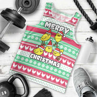 Merry Chickmas Christmas Men Tank Top with Yellow Cartoon Birds in Santa Hats and Red Green Snowflake Pattern - Wonder Print Shop