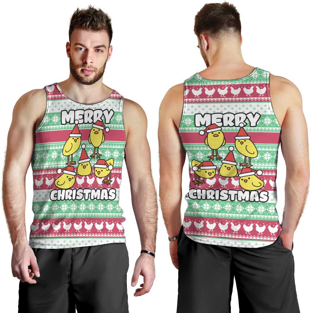 Merry Chickmas Christmas Men Tank Top with Yellow Cartoon Birds in Santa Hats and Red Green Snowflake Pattern - Wonder Print Shop