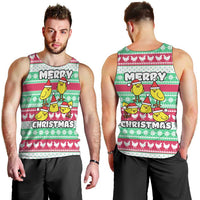 Merry Chickmas Christmas Men Tank Top with Yellow Cartoon Birds in Santa Hats and Red Green Snowflake Pattern - Wonder Print Shop