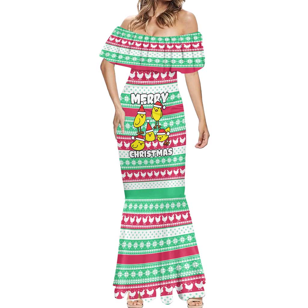 Merry Chickmas Christmas Mermaid Dress with Yellow Cartoon Birds in Santa Hats and Red Green Snowflake Pattern - Wonder Print Shop