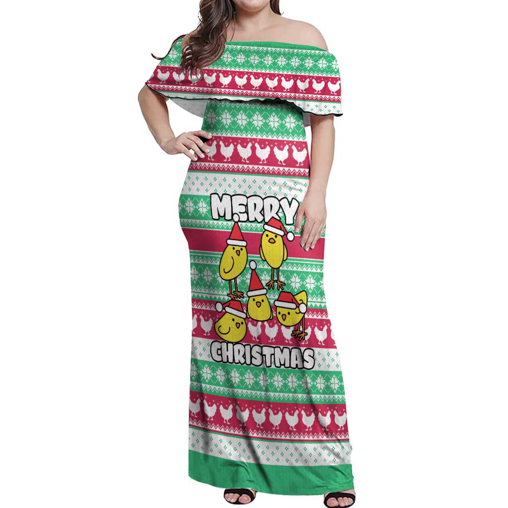 Merry Chickmas Christmas Off Shoulder Maxi Dress with Yellow Cartoon Birds in Santa Hats and Red Green Snowflake Pattern - Wonder Print Shop