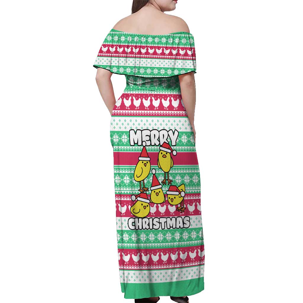 Merry Chickmas Christmas Off Shoulder Maxi Dress with Yellow Cartoon Birds in Santa Hats and Red Green Snowflake Pattern - Wonder Print Shop