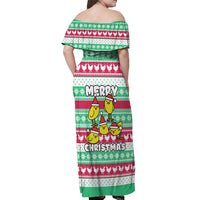 Merry Chickmas Christmas Off Shoulder Maxi Dress with Yellow Cartoon Birds in Santa Hats and Red Green Snowflake Pattern - Wonder Print Shop
