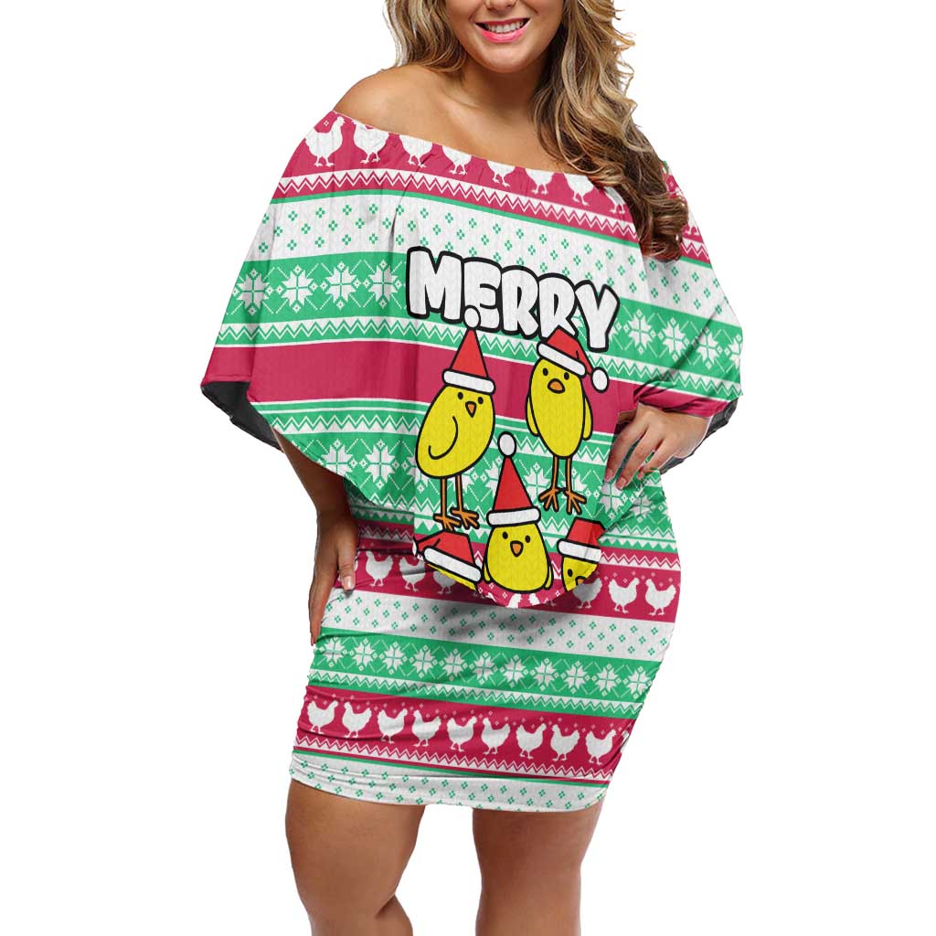Merry Chickmas Christmas Off Shoulder Short Dress with Yellow Cartoon Birds in Santa Hats and Red Green Snowflake Pattern - Wonder Print Shop