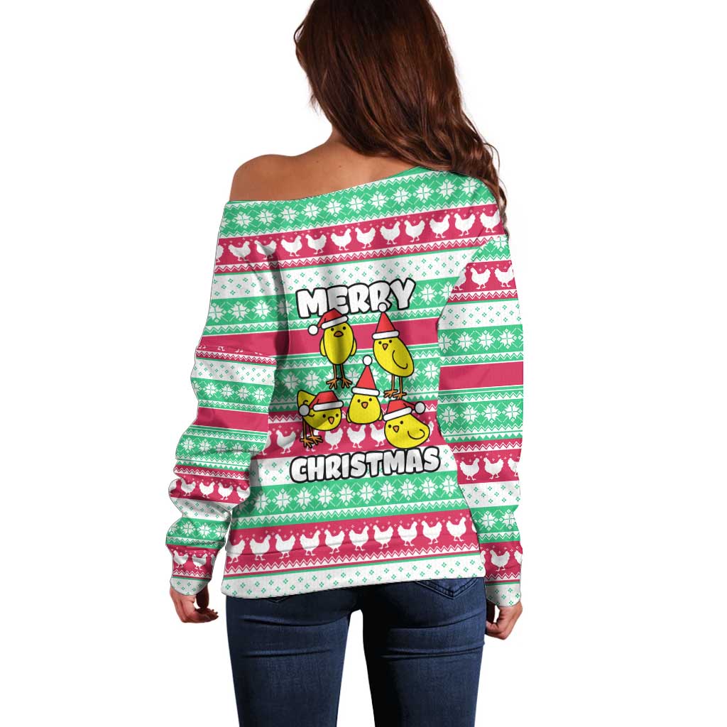 Merry Chickmas Christmas Off Shoulder Sweater with Yellow Cartoon Birds in Santa Hats and Red Green Snowflake Pattern - Wonder Print Shop