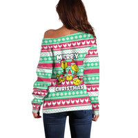 Merry Chickmas Christmas Off Shoulder Sweater with Yellow Cartoon Birds in Santa Hats and Red Green Snowflake Pattern - Wonder Print Shop