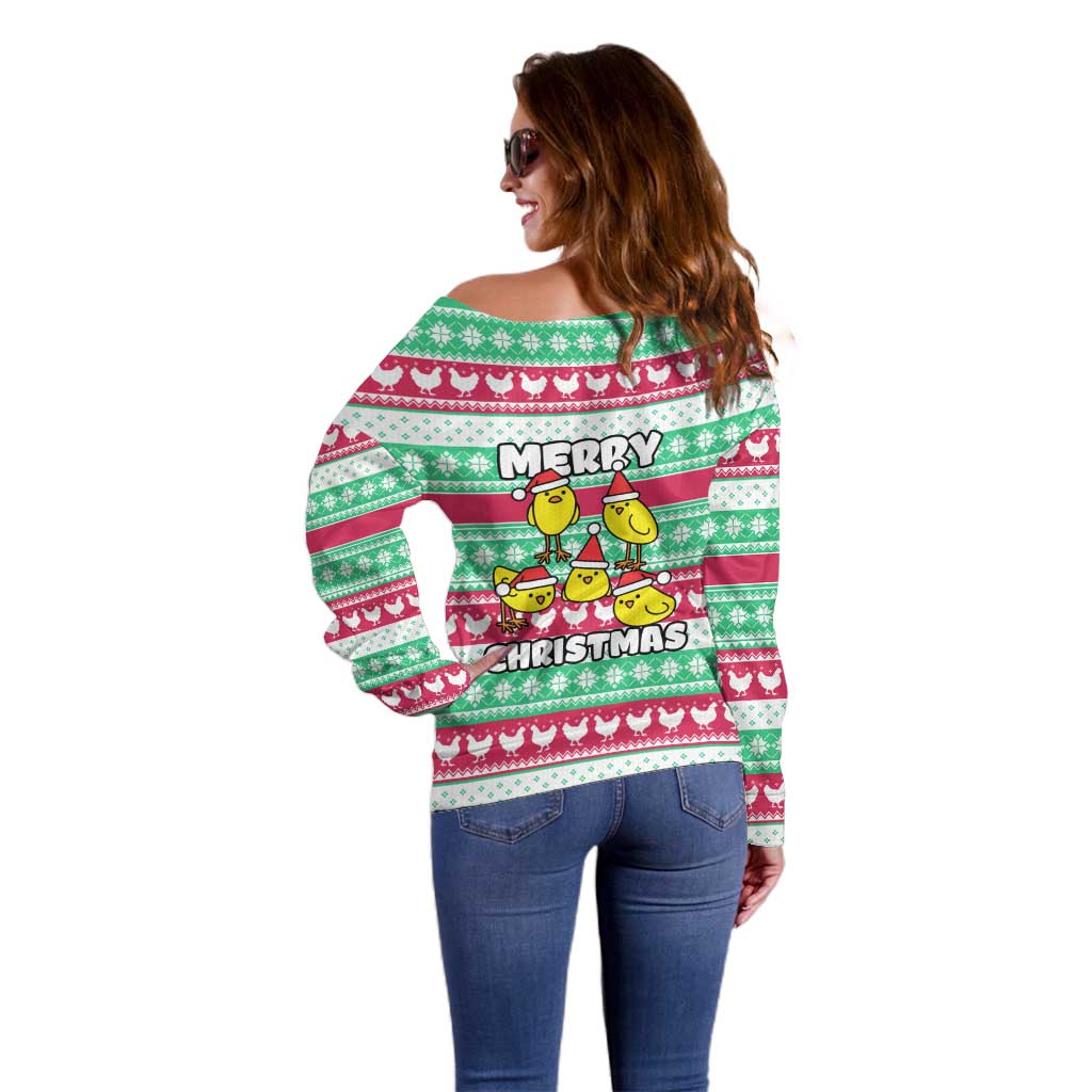 Merry Chickmas Christmas Off Shoulder Sweater with Yellow Cartoon Birds in Santa Hats and Red Green Snowflake Pattern - Wonder Print Shop