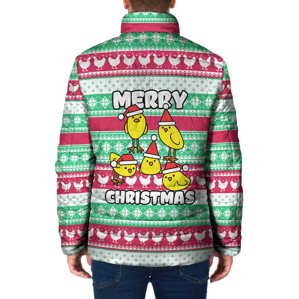 Merry Chickmas Christmas Padded Jacket with Yellow Cartoon Birds in Santa Hats and Red Green Snowflake Pattern - Wonder Print Shop
