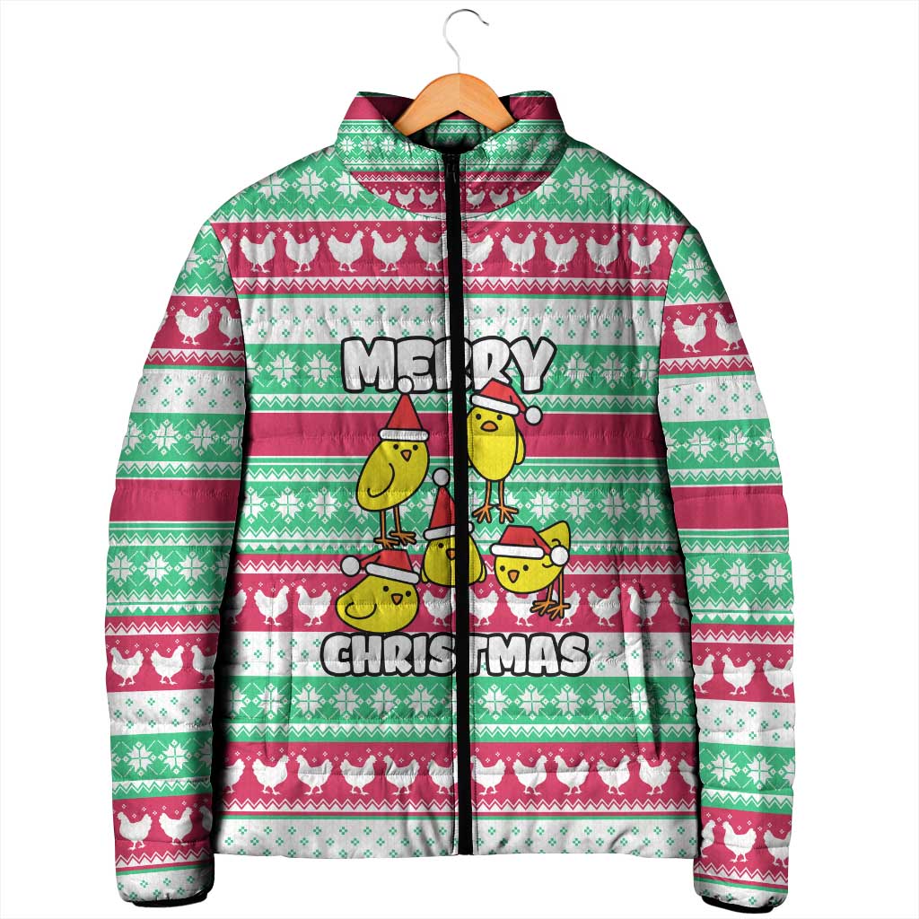 Merry Chickmas Christmas Padded Jacket with Yellow Cartoon Birds in Santa Hats and Red Green Snowflake Pattern - Wonder Print Shop