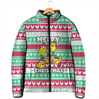 Merry Chickmas Christmas Padded Jacket with Yellow Cartoon Birds in Santa Hats and Red Green Snowflake Pattern - Wonder Print Shop