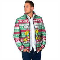 Merry Chickmas Christmas Padded Jacket with Yellow Cartoon Birds in Santa Hats and Red Green Snowflake Pattern - Wonder Print Shop