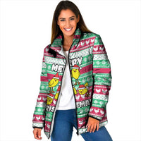 Merry Chickmas Christmas Padded Jacket with Yellow Cartoon Birds in Santa Hats and Red Green Snowflake Pattern - Wonder Print Shop