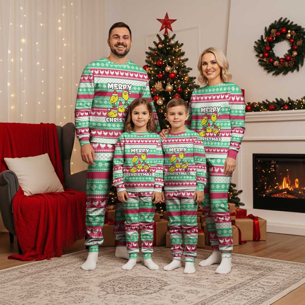 Merry Chickmas Christmas Pajama Set with Yellow Cartoon Birds in Santa Hats and Red Green Snowflake Pattern - Wonder Print Shop