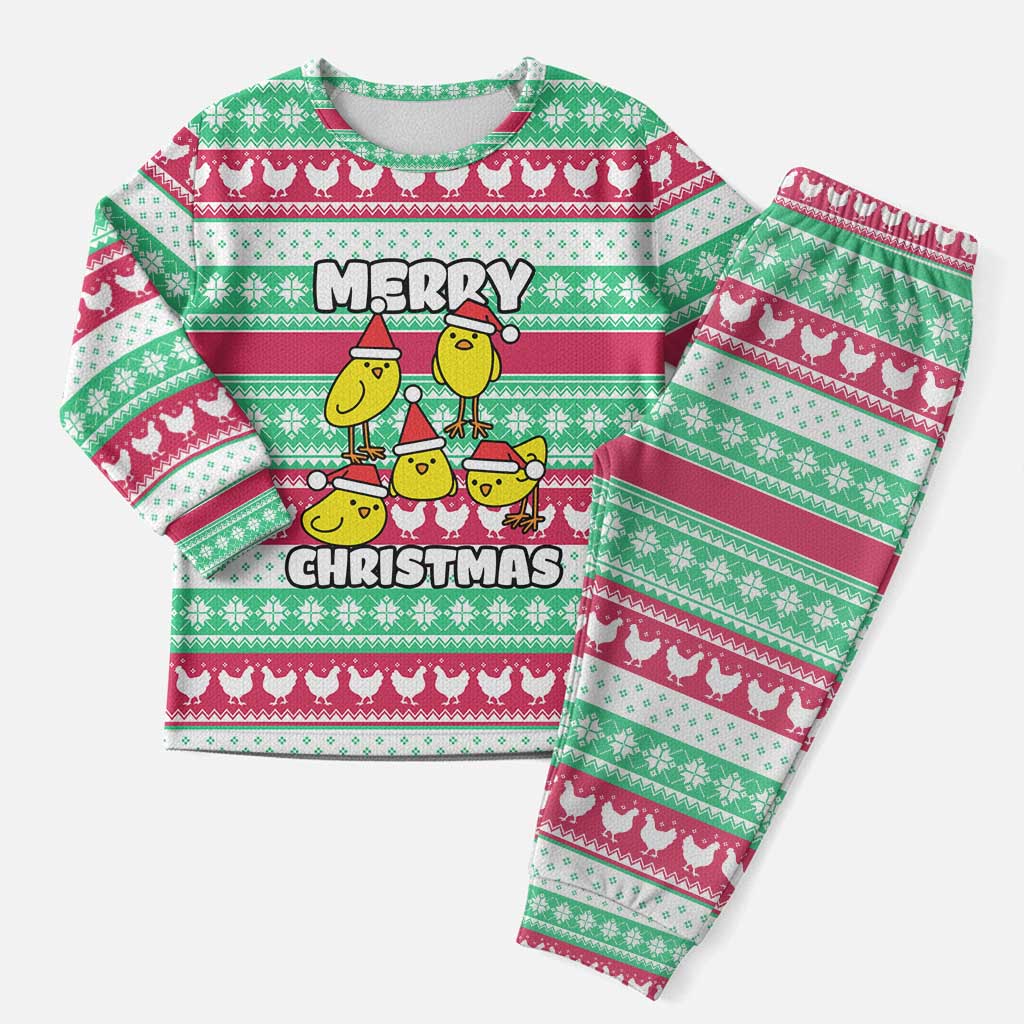 Merry Chickmas Christmas Pajama Set with Yellow Cartoon Birds in Santa Hats and Red Green Snowflake Pattern - Wonder Print Shop