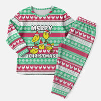 Merry Chickmas Christmas Pajama Set with Yellow Cartoon Birds in Santa Hats and Red Green Snowflake Pattern - Wonder Print Shop
