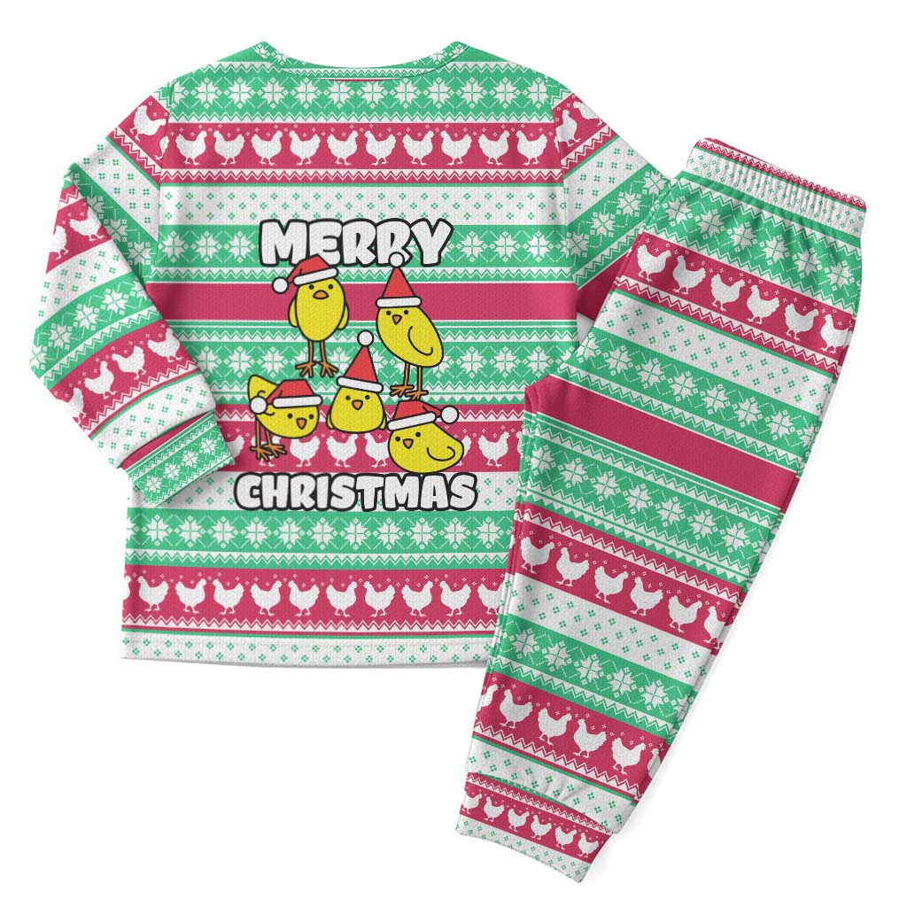Merry Chickmas Christmas Pajama Set with Yellow Cartoon Birds in Santa Hats and Red Green Snowflake Pattern - Wonder Print Shop
