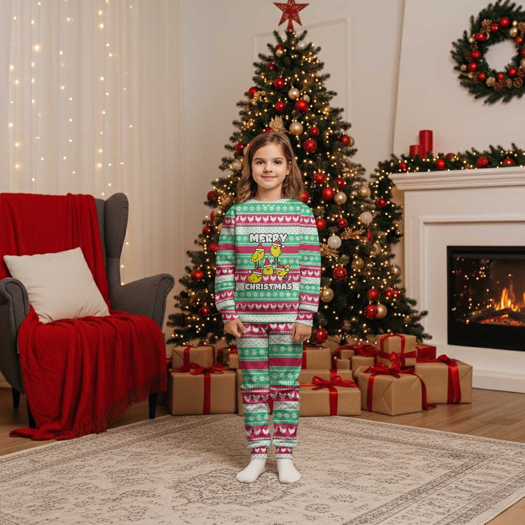 Merry Chickmas Christmas Pajama Set with Yellow Cartoon Birds in Santa Hats and Red Green Snowflake Pattern - Wonder Print Shop