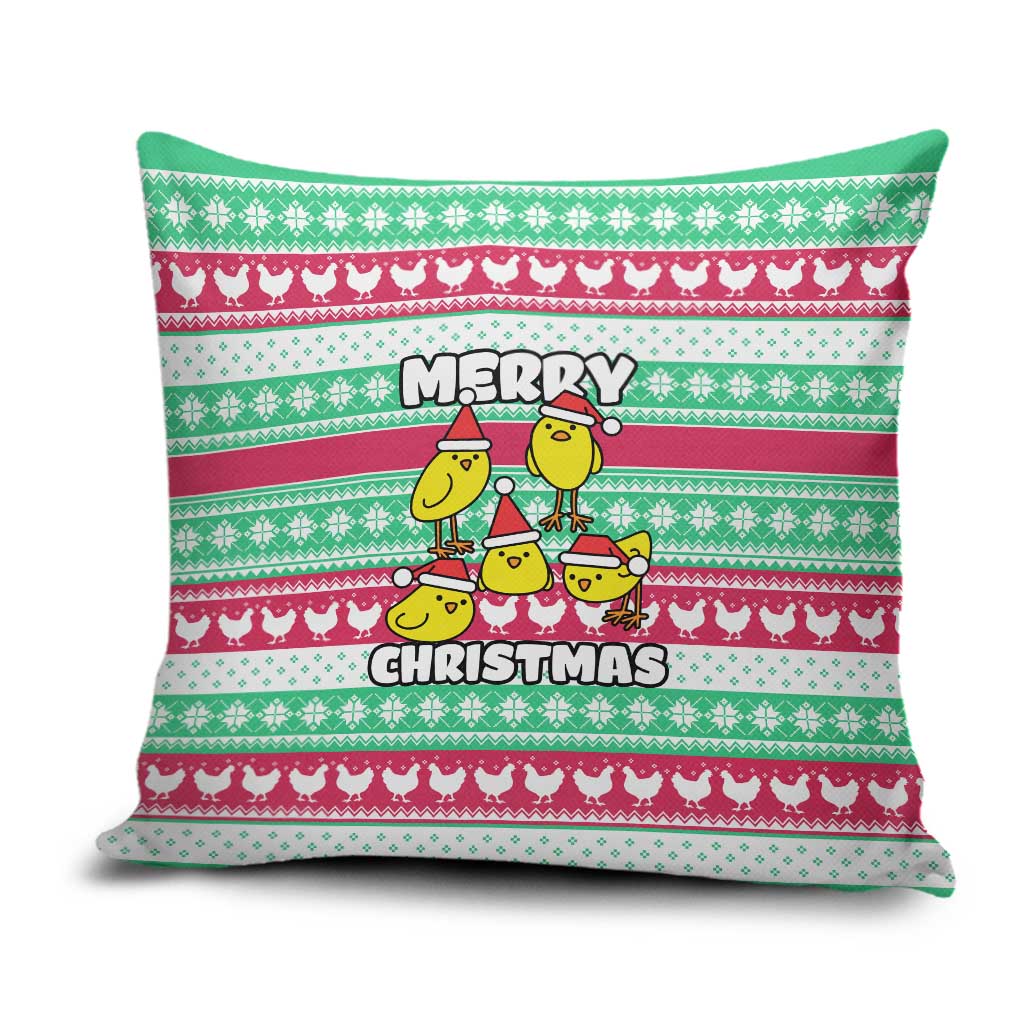 Merry Chickmas Christmas Pillow Cover with Yellow Cartoon Birds in Santa Hats and Red Green Snowflake Pattern - Wonder Print Shop