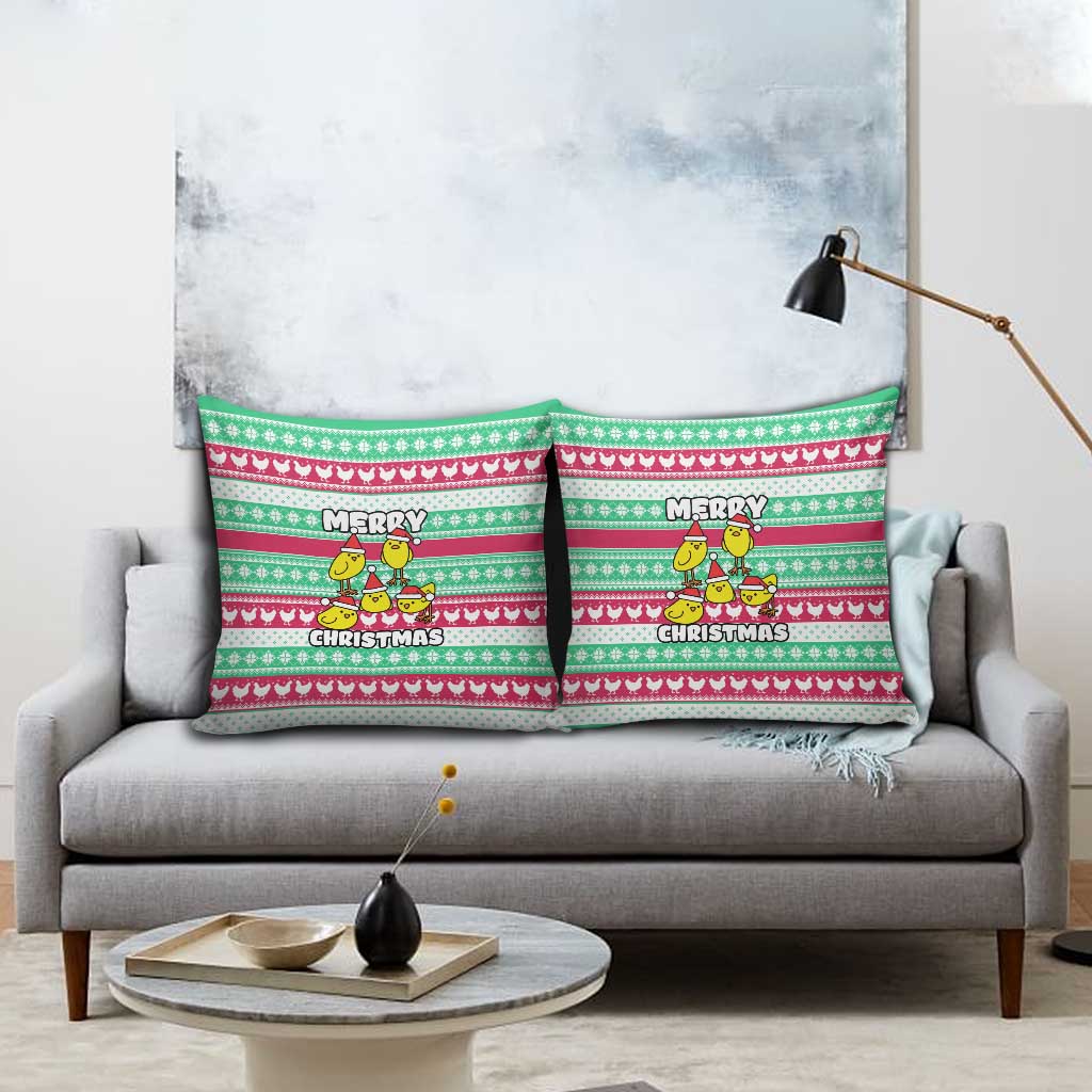 Merry Chickmas Christmas Pillow Cover with Yellow Cartoon Birds in Santa Hats and Red Green Snowflake Pattern - Wonder Print Shop