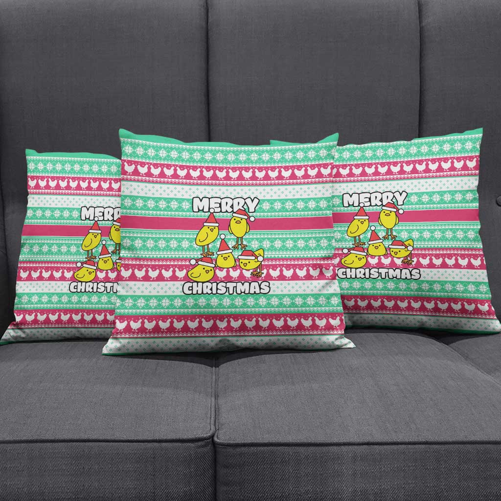 Merry Chickmas Christmas Pillow Cover with Yellow Cartoon Birds in Santa Hats and Red Green Snowflake Pattern - Wonder Print Shop
