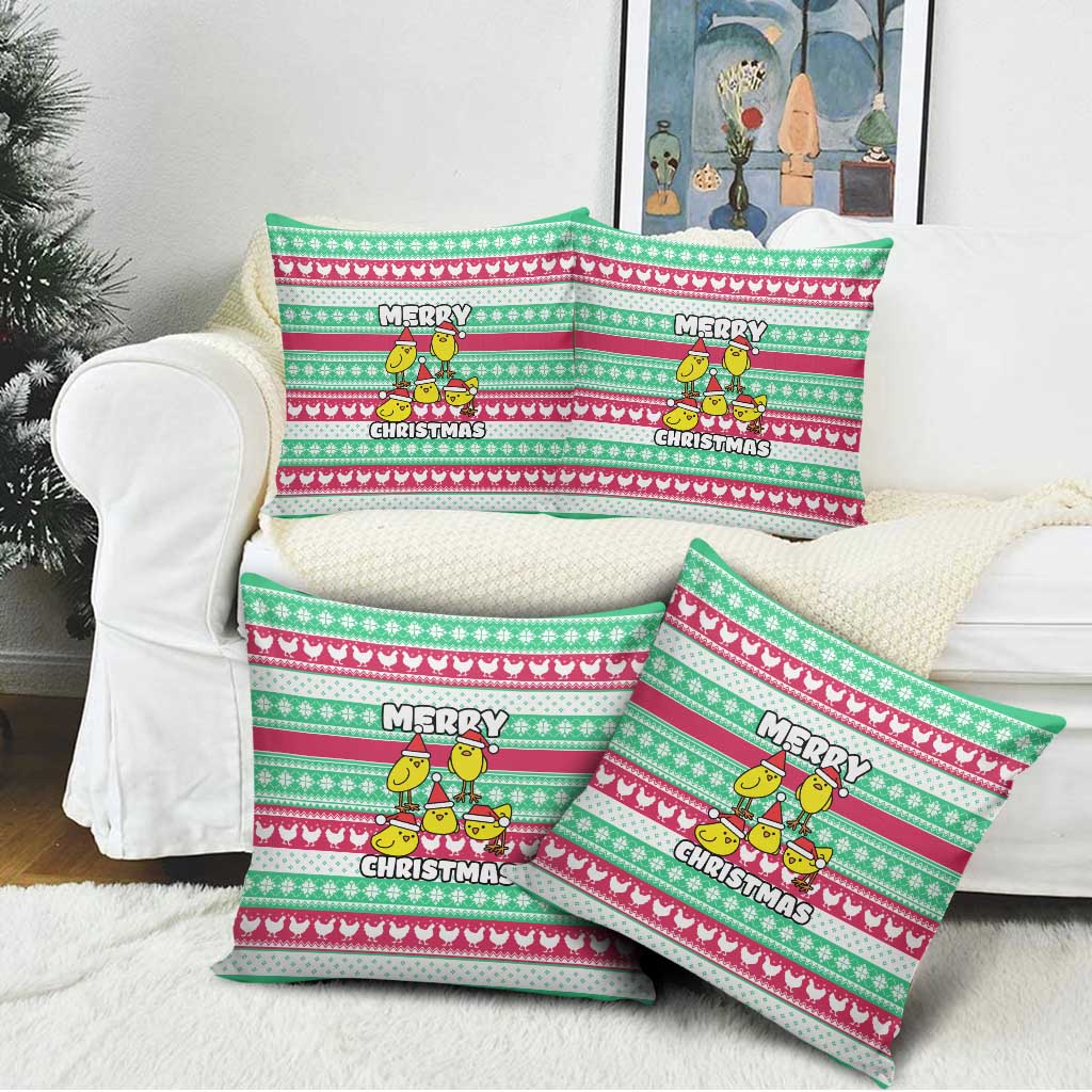 Merry Chickmas Christmas Pillow Cover with Yellow Cartoon Birds in Santa Hats and Red Green Snowflake Pattern - Wonder Print Shop