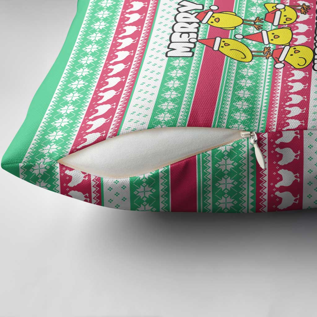Merry Chickmas Christmas Pillow Cover with Yellow Cartoon Birds in Santa Hats and Red Green Snowflake Pattern - Wonder Print Shop
