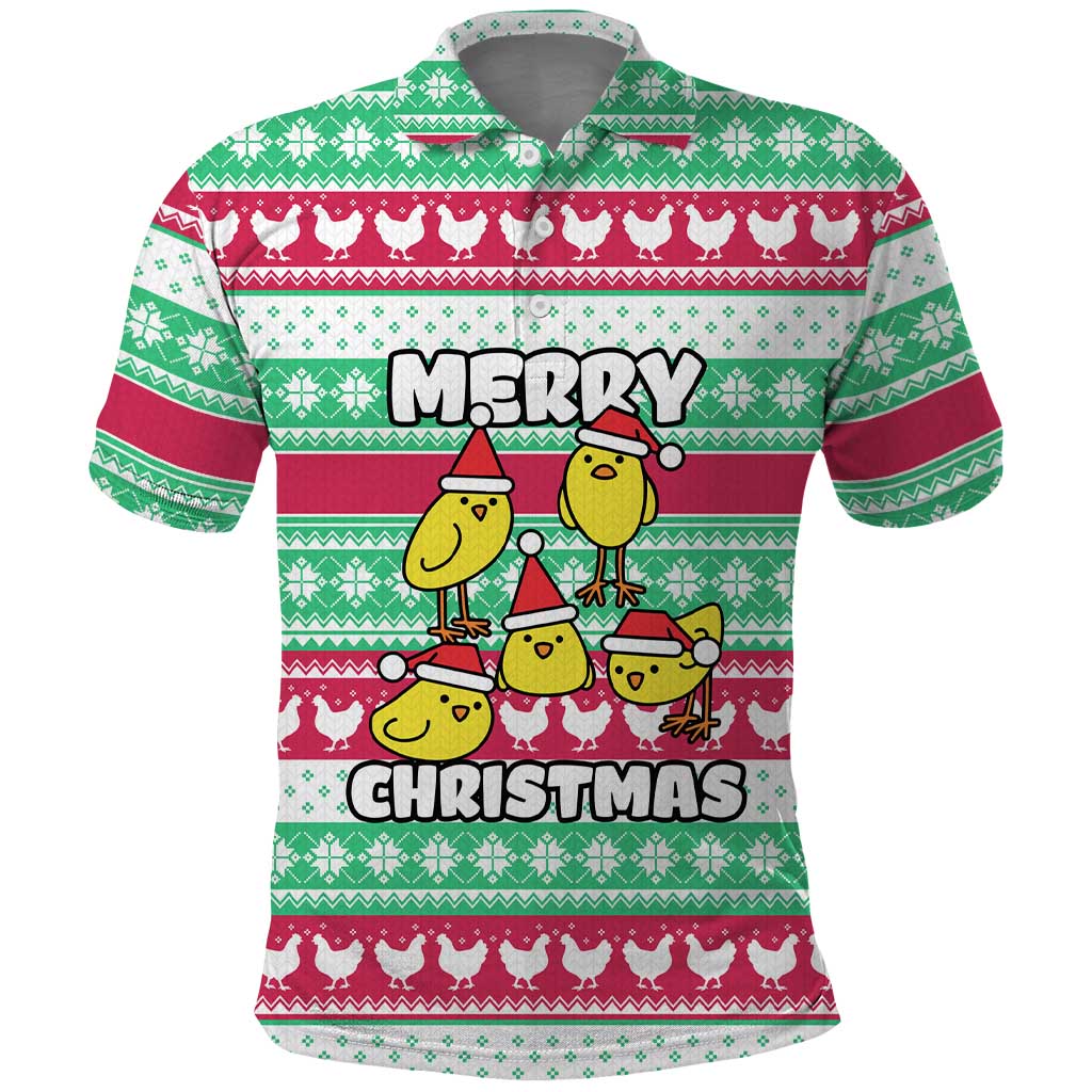 Merry Chickmas Christmas Polo Shirt with Yellow Cartoon Birds in Santa Hats and Red Green Snowflake Pattern - Wonder Print Shop