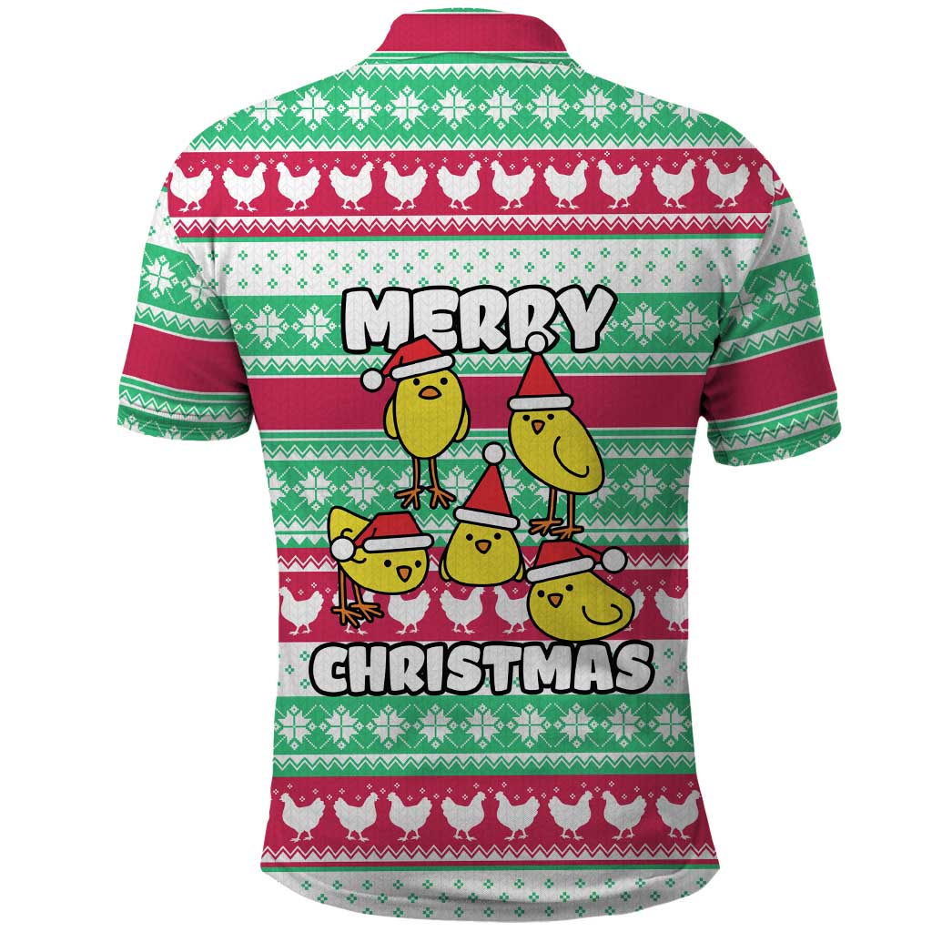 Merry Chickmas Christmas Polo Shirt with Yellow Cartoon Birds in Santa Hats and Red Green Snowflake Pattern - Wonder Print Shop