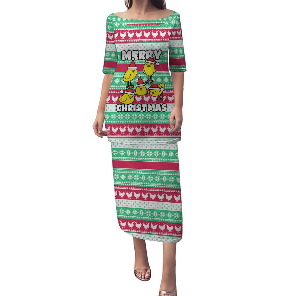 Merry Chickmas Christmas Puletasi with Yellow Cartoon Birds in Santa Hats and Red Green Snowflake Pattern - Wonder Print Shop