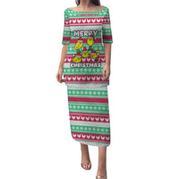 Merry Chickmas Christmas Puletasi with Yellow Cartoon Birds in Santa Hats and Red Green Snowflake Pattern - Wonder Print Shop