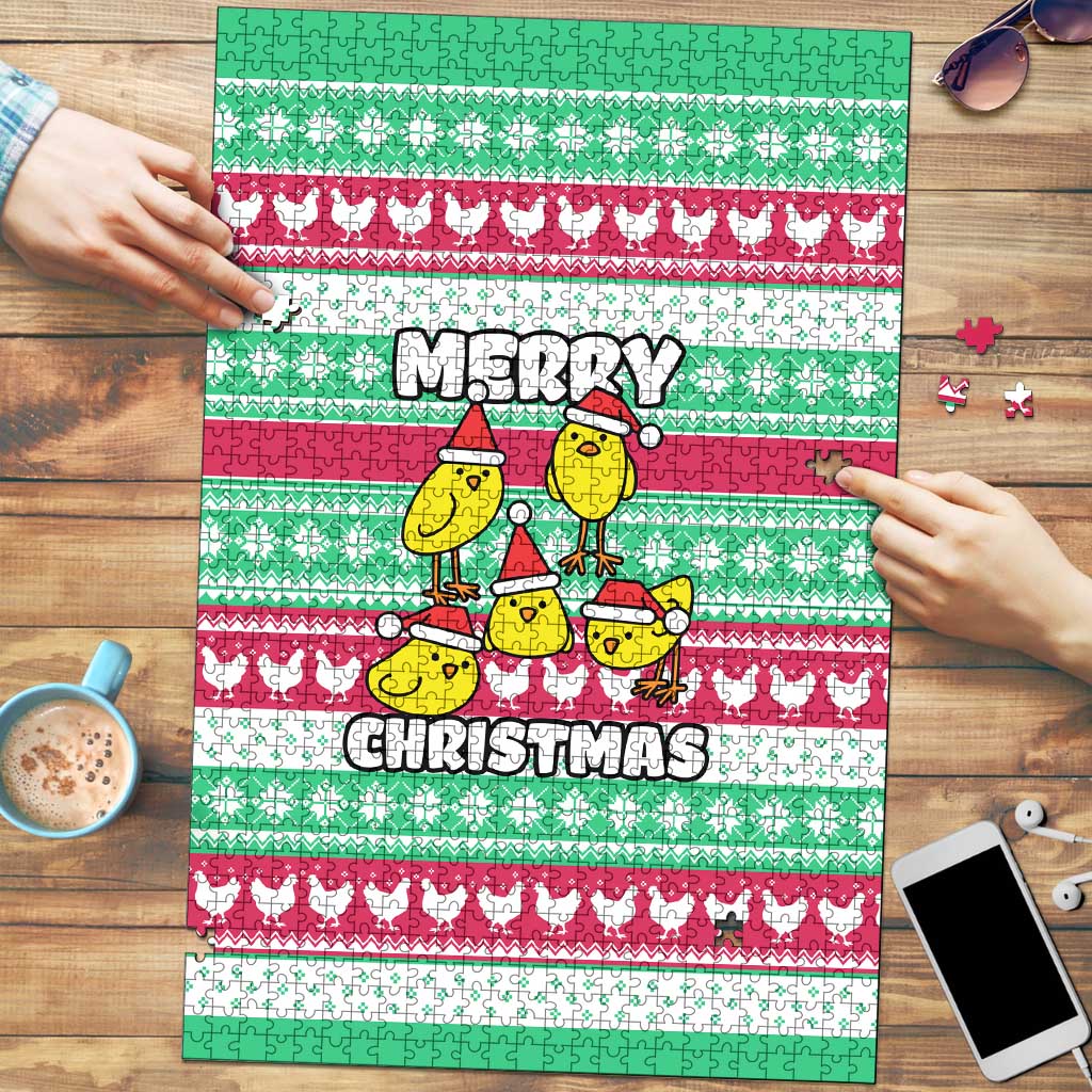Merry Chickmas Christmas Puzzle with Yellow Cartoon Birds in Santa Hats and Red Green Snowflake Pattern - Wonder Print Shop