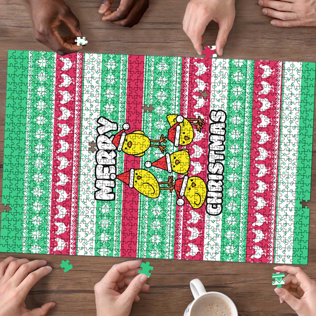 Merry Chickmas Christmas Puzzle with Yellow Cartoon Birds in Santa Hats and Red Green Snowflake Pattern - Wonder Print Shop