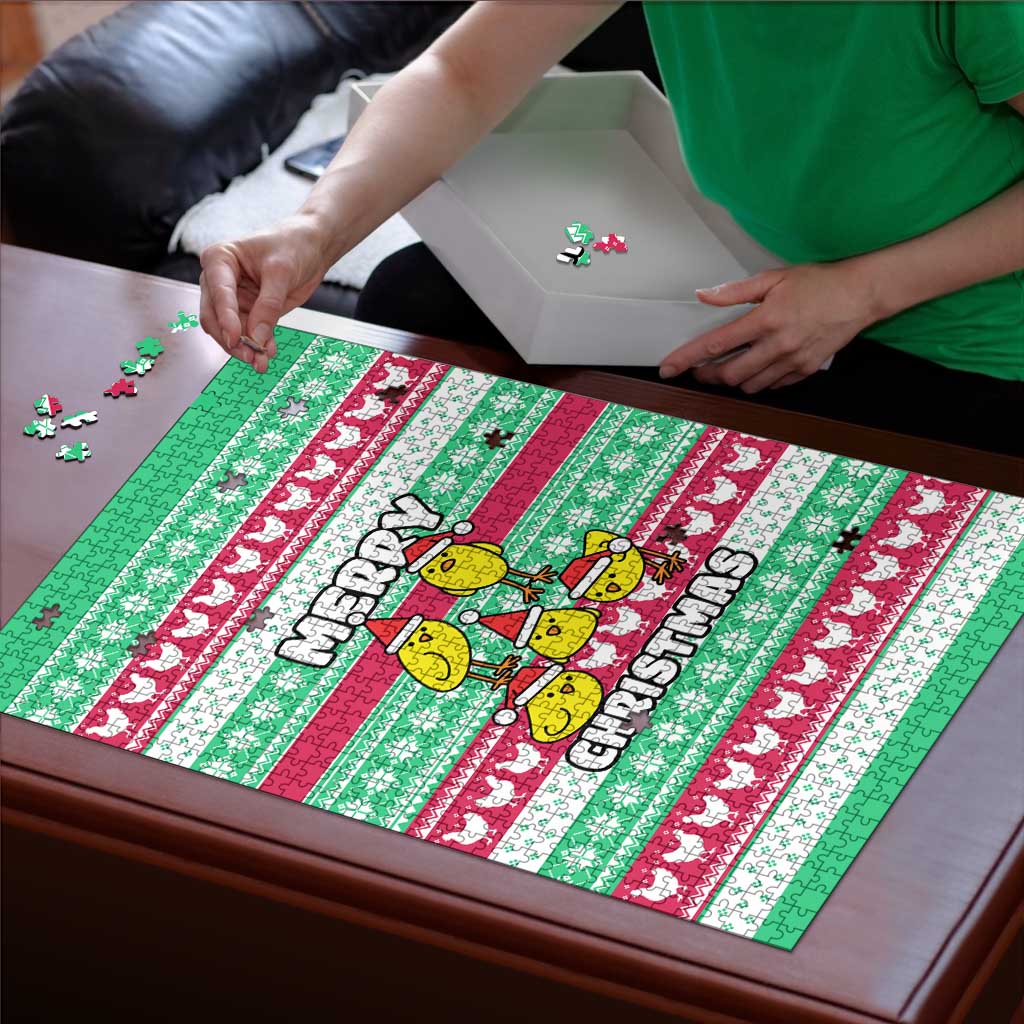Merry Chickmas Christmas Puzzle with Yellow Cartoon Birds in Santa Hats and Red Green Snowflake Pattern - Wonder Print Shop