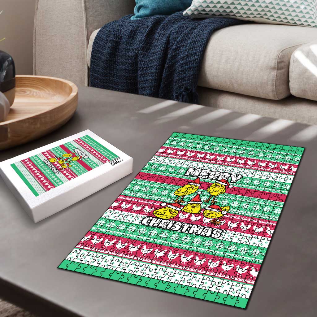 Merry Chickmas Christmas Puzzle with Yellow Cartoon Birds in Santa Hats and Red Green Snowflake Pattern - Wonder Print Shop