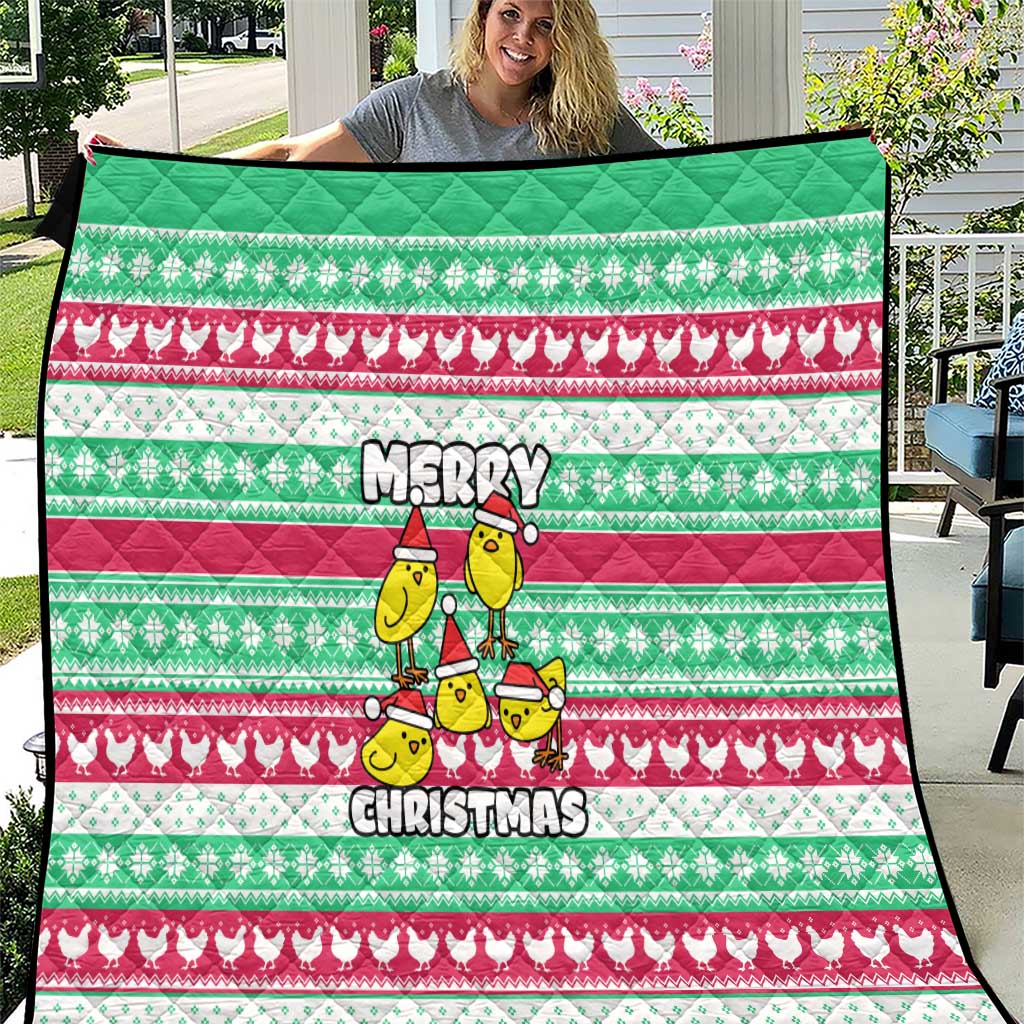 Merry Chickmas Christmas Quilt with Yellow Cartoon Birds in Santa Hats and Red Green Snowflake Pattern - Wonder Print Shop