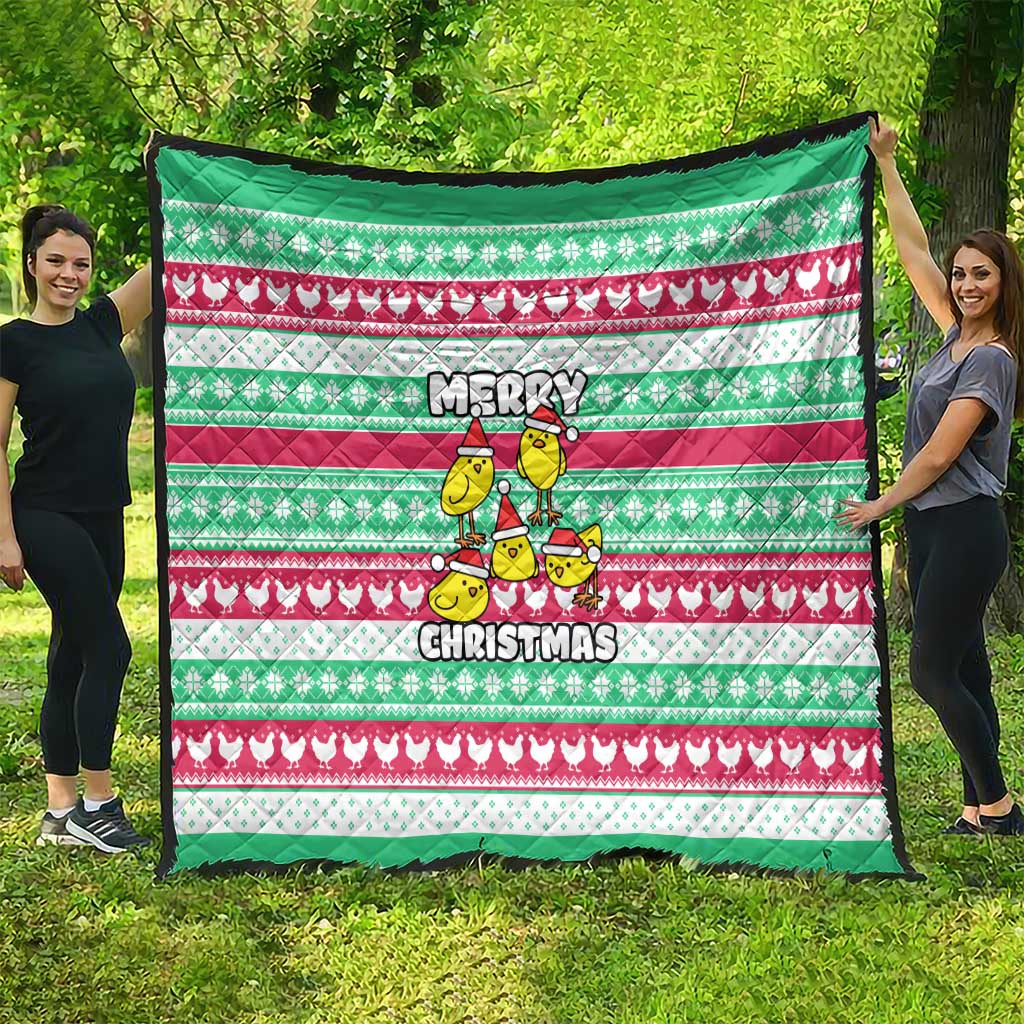 Merry Chickmas Christmas Quilt with Yellow Cartoon Birds in Santa Hats and Red Green Snowflake Pattern - Wonder Print Shop