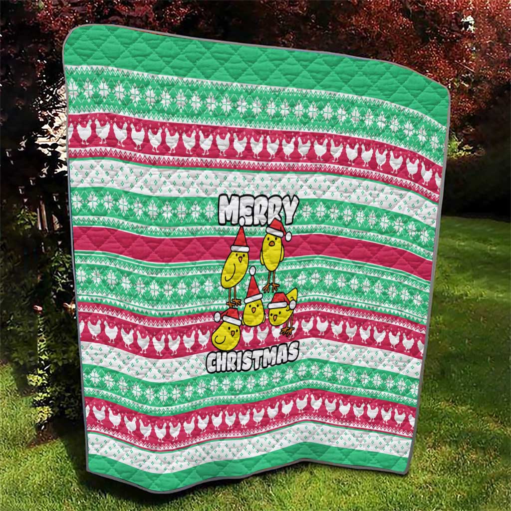 Merry Chickmas Christmas Quilt with Yellow Cartoon Birds in Santa Hats and Red Green Snowflake Pattern - Wonder Print Shop