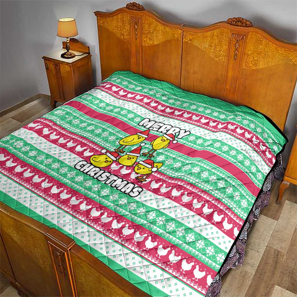 Merry Chickmas Christmas Quilt with Yellow Cartoon Birds in Santa Hats and Red Green Snowflake Pattern - Wonder Print Shop