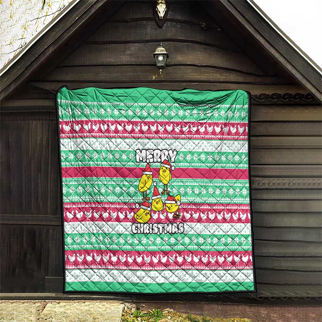 Merry Chickmas Christmas Quilt with Yellow Cartoon Birds in Santa Hats and Red Green Snowflake Pattern - Wonder Print Shop