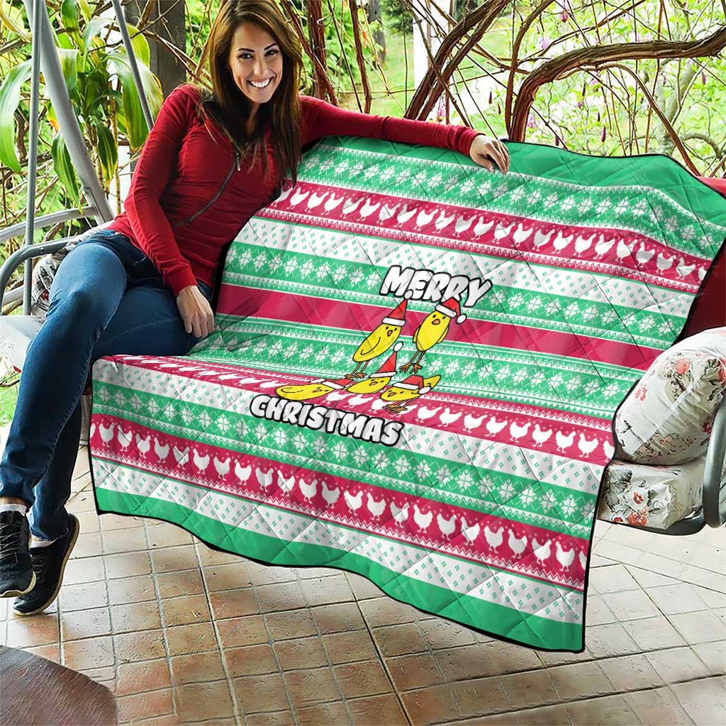 Merry Chickmas Christmas Quilt with Yellow Cartoon Birds in Santa Hats and Red Green Snowflake Pattern - Wonder Print Shop