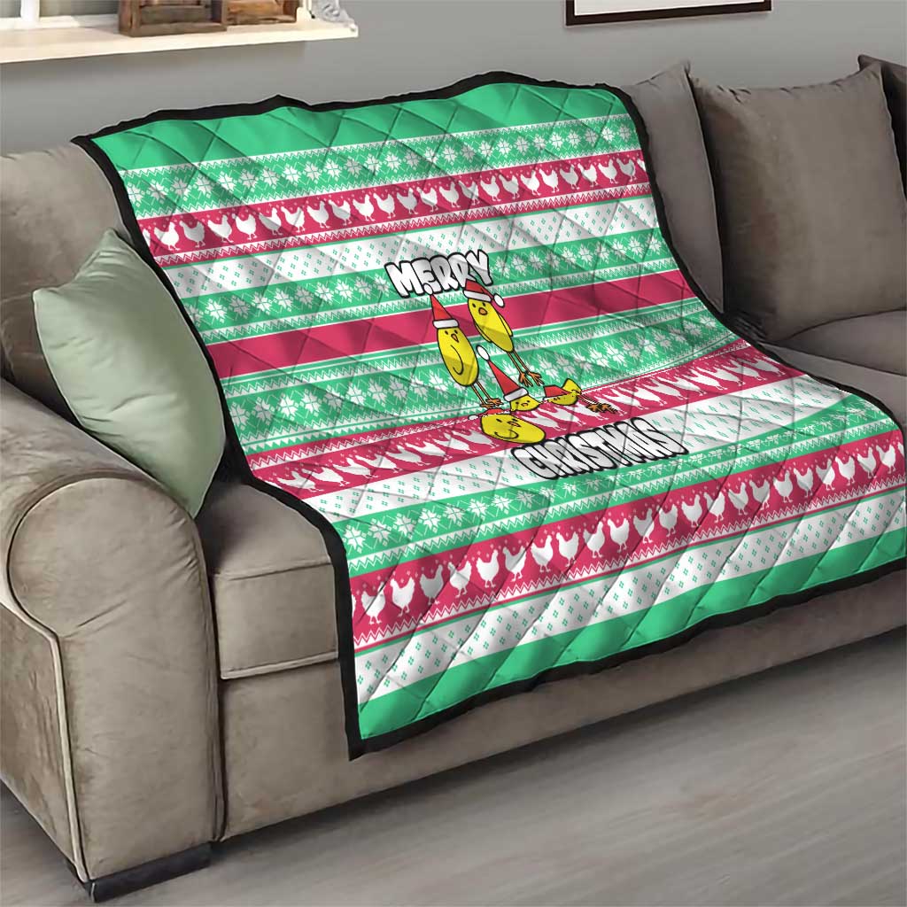 Merry Chickmas Christmas Quilt with Yellow Cartoon Birds in Santa Hats and Red Green Snowflake Pattern - Wonder Print Shop