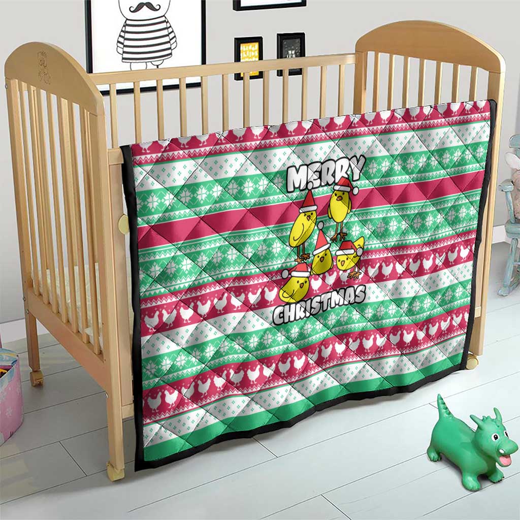 Merry Chickmas Christmas Quilt with Yellow Cartoon Birds in Santa Hats and Red Green Snowflake Pattern - Wonder Print Shop