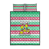 Merry Chickmas Christmas Quilt Bed Set with Yellow Cartoon Birds in Santa Hats and Red Green Snowflake Pattern - Wonder Print Shop