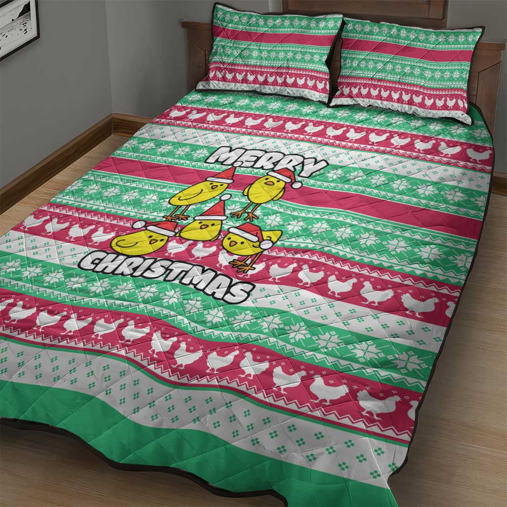 Merry Chickmas Christmas Quilt Bed Set with Yellow Cartoon Birds in Santa Hats and Red Green Snowflake Pattern - Wonder Print Shop