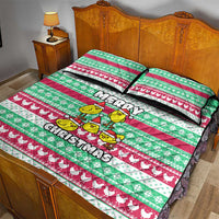 Merry Chickmas Christmas Quilt Bed Set with Yellow Cartoon Birds in Santa Hats and Red Green Snowflake Pattern - Wonder Print Shop