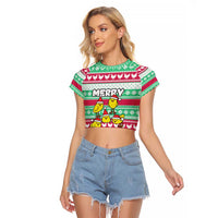 Merry Chickmas Christmas Raglan Cropped T Shirt with Yellow Cartoon Birds in Santa Hats and Red Green Snowflake Pattern - Wonder Print Shop