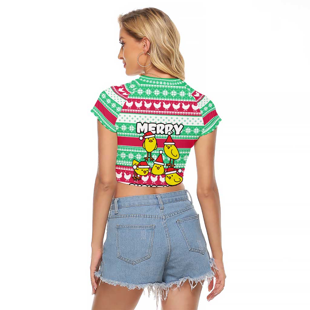Merry Chickmas Christmas Raglan Cropped T Shirt with Yellow Cartoon Birds in Santa Hats and Red Green Snowflake Pattern - Wonder Print Shop