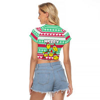 Merry Chickmas Christmas Raglan Cropped T Shirt with Yellow Cartoon Birds in Santa Hats and Red Green Snowflake Pattern - Wonder Print Shop